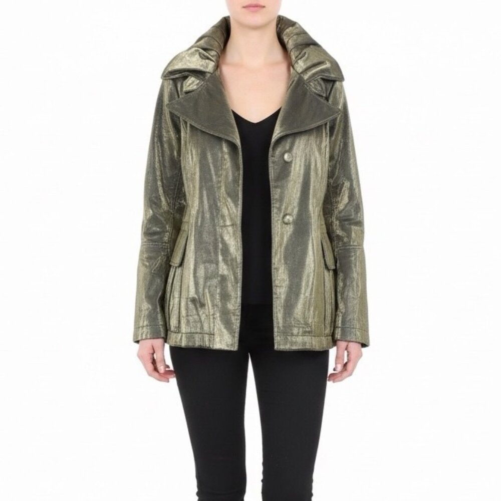 Hilary Radley Women’s Metallic Green Jacket Drawstring Long Sleeves Sz L